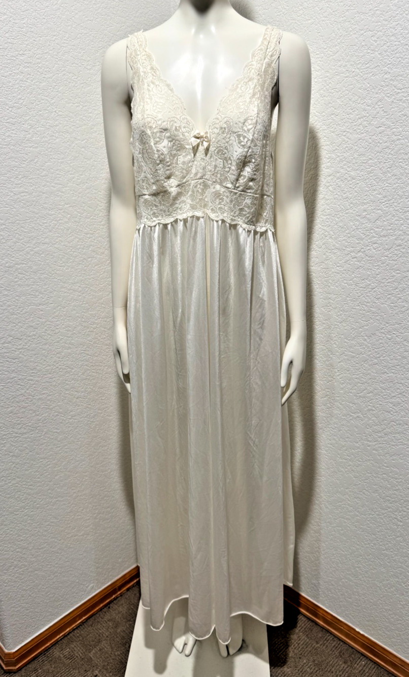 Vtg Shadowline Nightgown Slip Dress Full Sweep Maxi Lace Sz L Nylon Ivory Bridal
